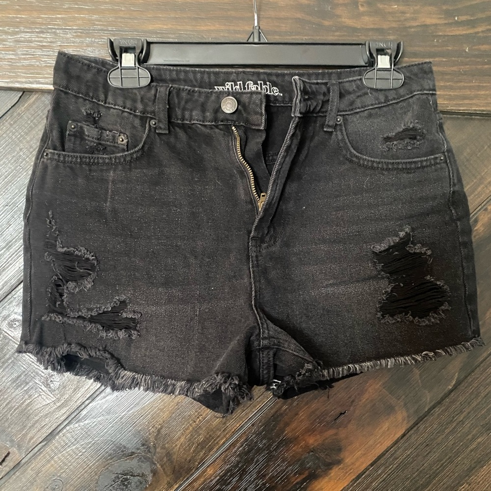Black distressed denim shorts. Size 6